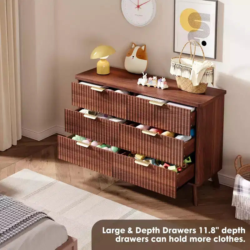 Commode cannelée à 6 tiroirs, meuble de rangement au design ondulé en panneaux de particules et MDF