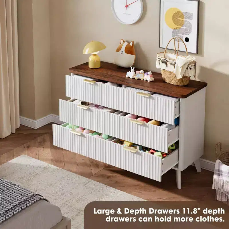Commode cannelée à 6 tiroirs, meuble de rangement au design ondulé en panneaux de particules et MDF
