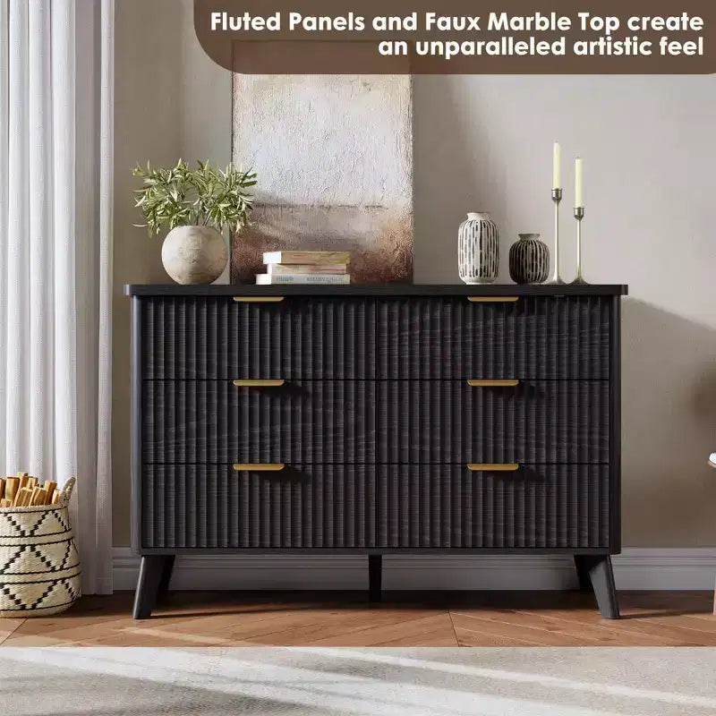 Commode cannelée à 6 tiroirs, meuble de rangement au design ondulé en panneaux de particules et MDF