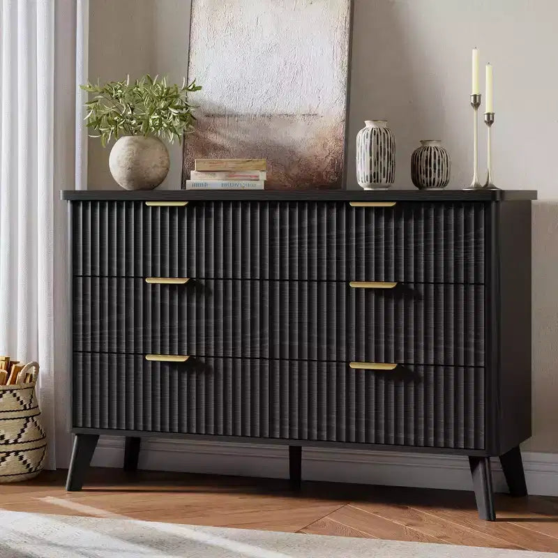Fluted 6-Drawer Dresser, Wave Design Storage Cabinet with Particle Board and MDF Construction