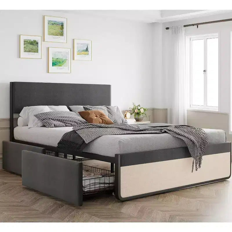 Full Bed Frame with Storage Drawers, Upholstered Platform Bed Frame with Metal Slats Support, Under Bed Storage, No Box Spring Needed, Noise Free