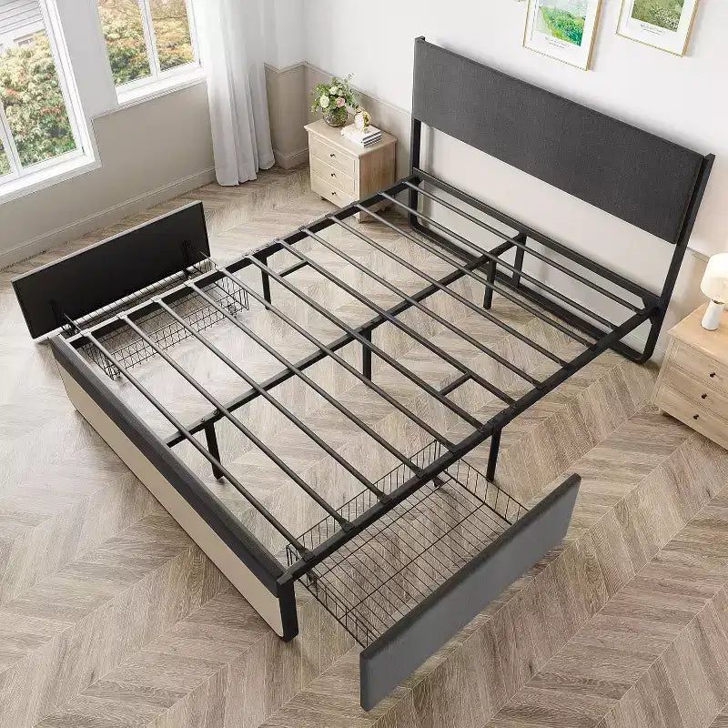 Cadre de lit complet avec tiroirs de rangement, cadre de lit plateforme tapissé avec support à lattes métalliques, rangement sous le lit, pas besoin de sommier tapissier, silencieux