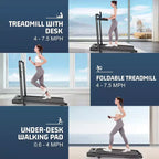 Tapis Roulant Pliable 4-en-1 KRISRATE 3.5HP avec Inclinaison de 15%, Bureau Amovible et Barre de Maintien, Tapis de Marche Pliant Sous le Bureau pour la Maison/Bureau/Salle de Sport