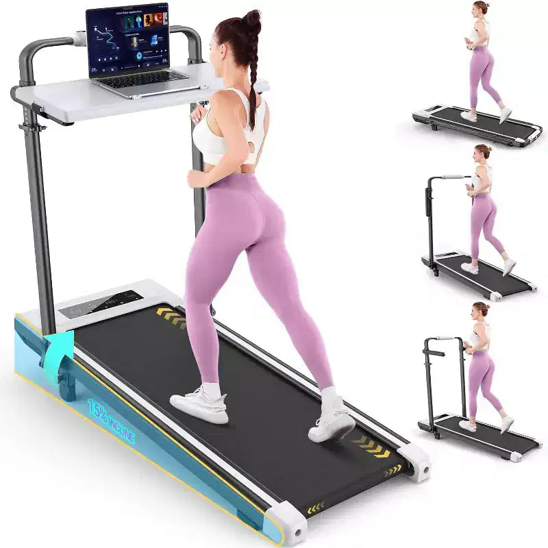 Tapis Roulant Pliable 4-en-1 KRISRATE 3.5HP avec Inclinaison de 15%, Bureau Amovible et Barre de Maintien, Tapis de Marche Pliant Sous le Bureau pour la Maison/Bureau/Salle de Sport