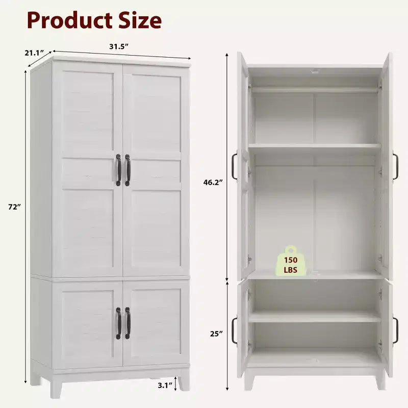 Armoire penderie avec 4 portes, armoire en bois de 183 cm avec tringle à vêtements, armoire à vêtements haute autoportante avec étagères réglables