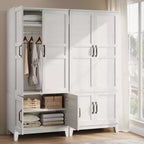 Armoire penderie avec 4 portes, armoire en bois de 183 cm avec tringle à vêtements, armoire à vêtements haute autoportante avec étagères réglables