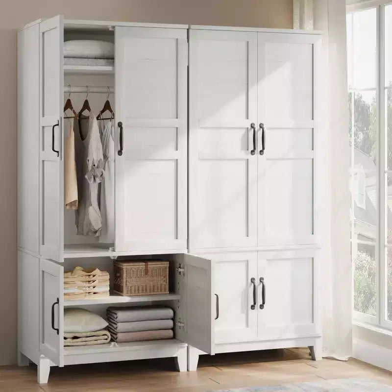 Armoire penderie avec 4 portes, armoire en bois de 183 cm avec tringle à vêtements, armoire à vêtements haute autoportante avec étagères réglables
