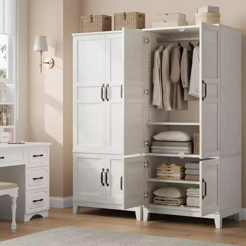 Armoire penderie avec 4 portes, armoire en bois de 183 cm avec tringle à vêtements, armoire à vêtements haute autoportante avec étagères réglables