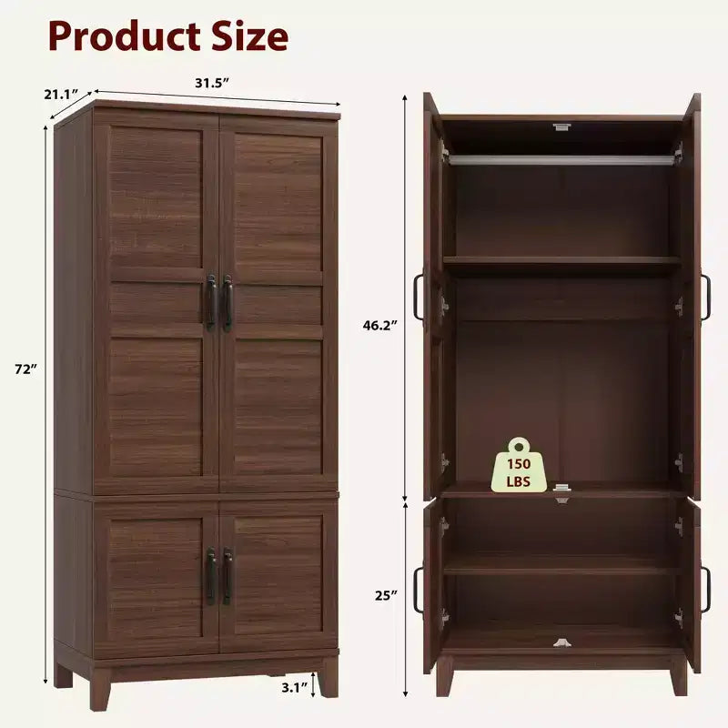Armoire penderie avec 4 portes, armoire en bois de 183 cm avec tringle à vêtements, armoire à vêtements haute autoportante avec étagères réglables