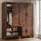 Armoire penderie avec 4 portes, armoire en bois de 183 cm avec tringle à vêtements, armoire à vêtements haute autoportante avec étagères réglables