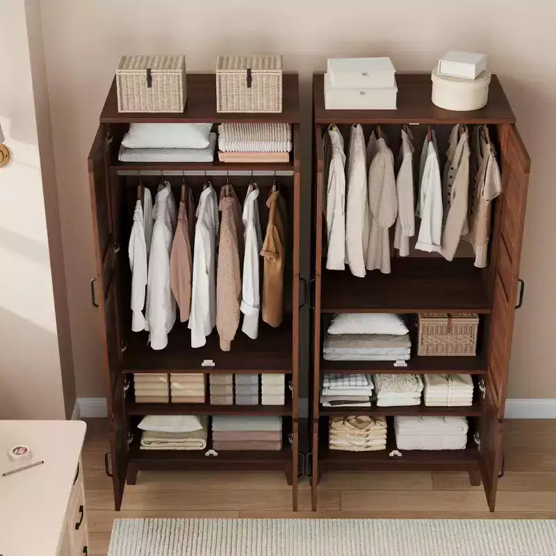 Armoire penderie avec 4 portes, armoire en bois de 183 cm avec tringle à vêtements, armoire à vêtements haute autoportante avec étagères réglables