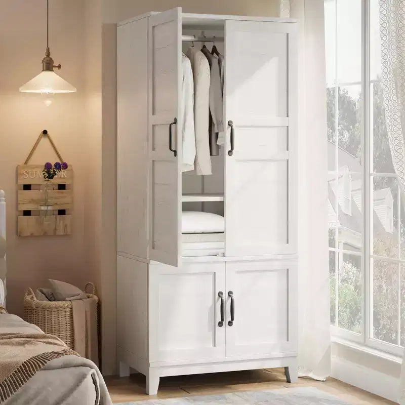 Armoire penderie avec 4 portes, armoire en bois de 183 cm avec tringle à vêtements, armoire à vêtements haute autoportante avec étagères réglables