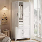 Armoire penderie avec 4 portes, armoire en bois de 183 cm avec tringle à vêtements, armoire à vêtements haute autoportante avec étagères réglables