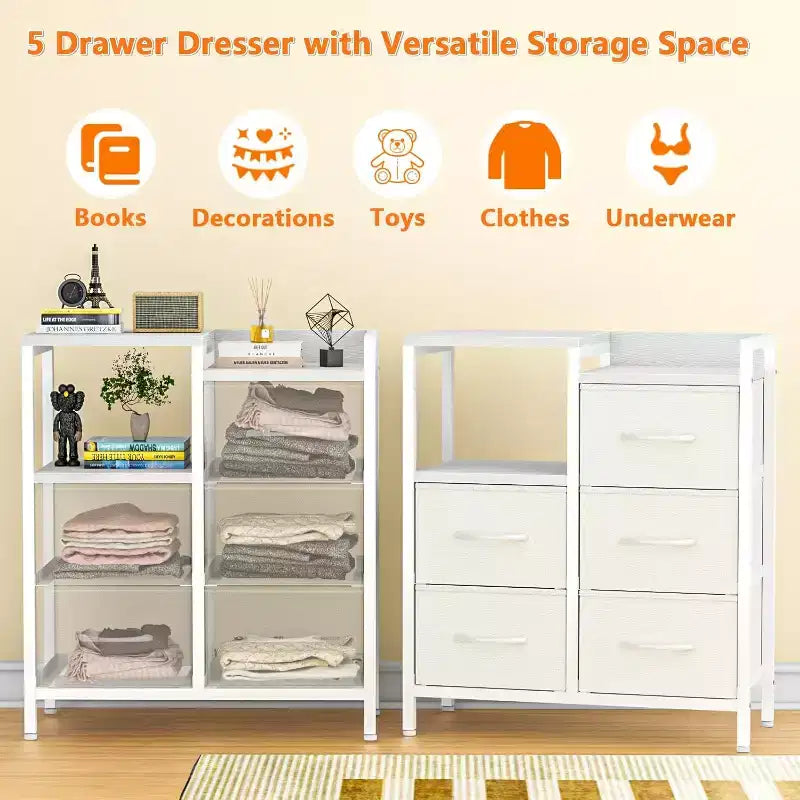 Meuble de classement mobile à 5 tiroirs avec étagère de rangement ouverte, support d'imprimante roulant et meuble de classement latéral en tissu, compatible avec les dossiers de taille A4 ou Lettre
