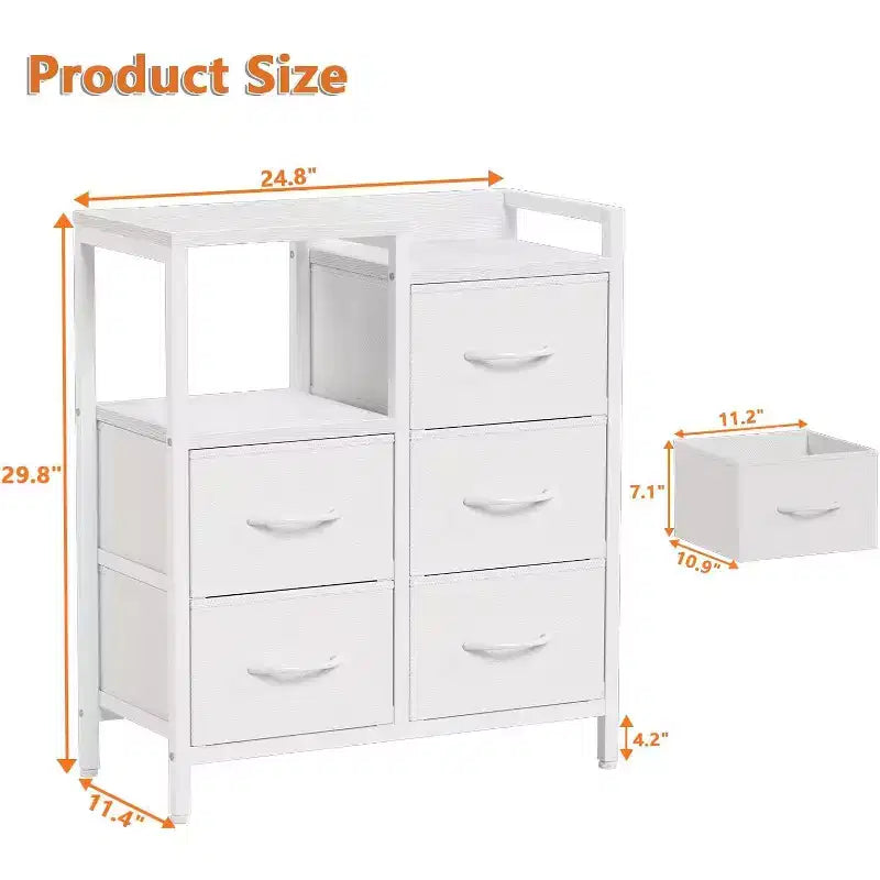 Meuble de classement mobile à 5 tiroirs avec étagère de rangement ouverte, support d'imprimante roulant et meuble de classement latéral en tissu, compatible avec les dossiers de taille A4 ou Lettre