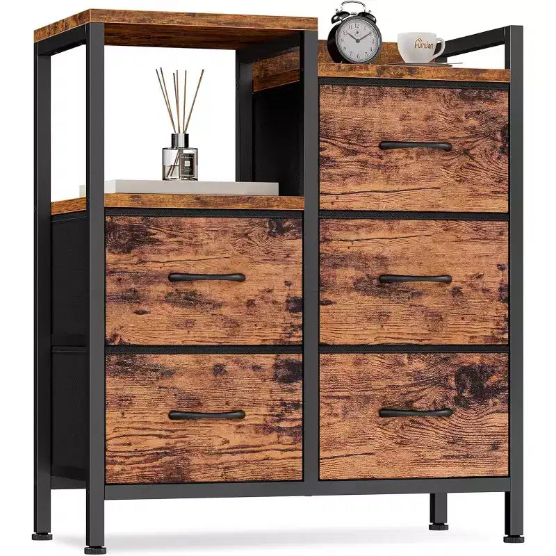 Meuble de classement mobile à 5 tiroirs avec étagère de rangement ouverte, support d'imprimante roulant et meuble de classement latéral en tissu, compatible avec les dossiers de taille A4 ou Lettre