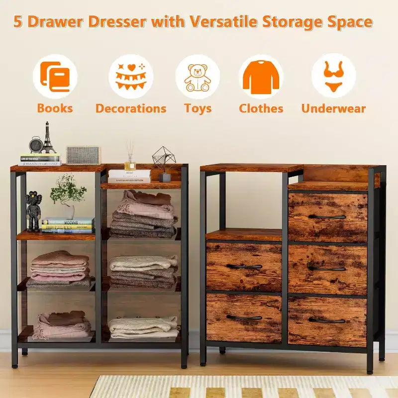 Meuble de classement mobile à 5 tiroirs avec étagère de rangement ouverte, support d'imprimante roulant et meuble de classement latéral en tissu, compatible avec les dossiers de taille A4 ou Lettre