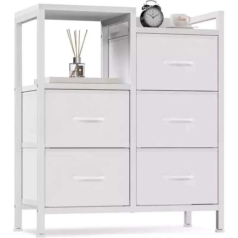 Meuble de classement mobile à 5 tiroirs avec étagère de rangement ouverte, support d'imprimante roulant et meuble de classement latéral en tissu, compatible avec les dossiers de taille A4 ou Lettre