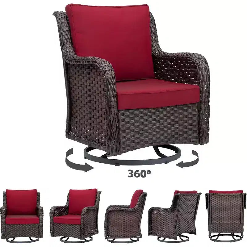 Ensemble de 3 fauteuils à bascule d'extérieur en rotin, fauteuil pivotant en rotin à 360 degrés pour terrasse, coussins épais et table d'appoint