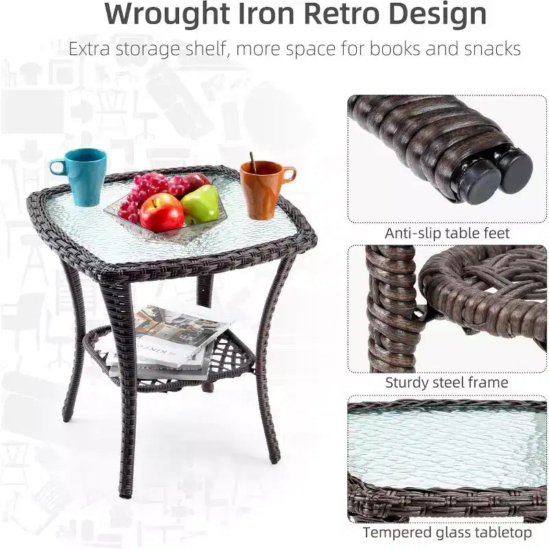 Ensemble de 3 fauteuils à bascule d'extérieur en rotin, fauteuil pivotant en rotin à 360 degrés pour terrasse, coussins épais et table d'appoint
