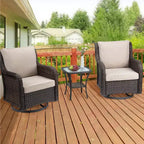 Ensemble de 3 fauteuils à bascule d'extérieur en rotin, fauteuil pivotant en rotin à 360 degrés pour terrasse, coussins épais et table d'appoint