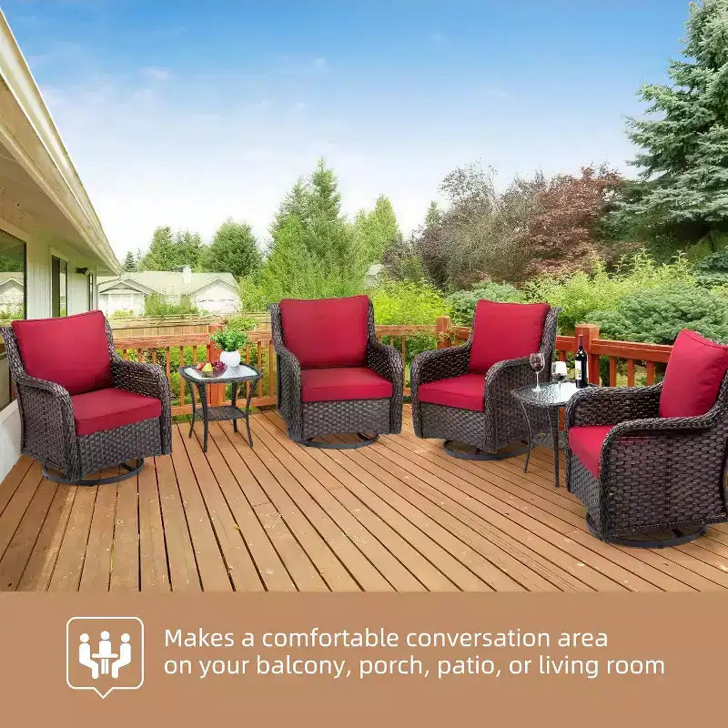 Ensemble de 3 fauteuils à bascule d'extérieur en rotin, fauteuil pivotant en rotin à 360 degrés pour terrasse, coussins épais et table d'appoint