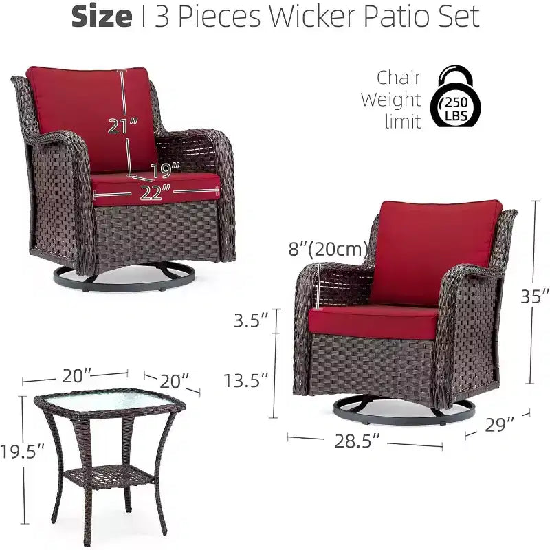 Ensemble de 3 fauteuils à bascule d'extérieur en rotin, fauteuil pivotant en rotin à 360 degrés pour terrasse, coussins épais et table d'appoint