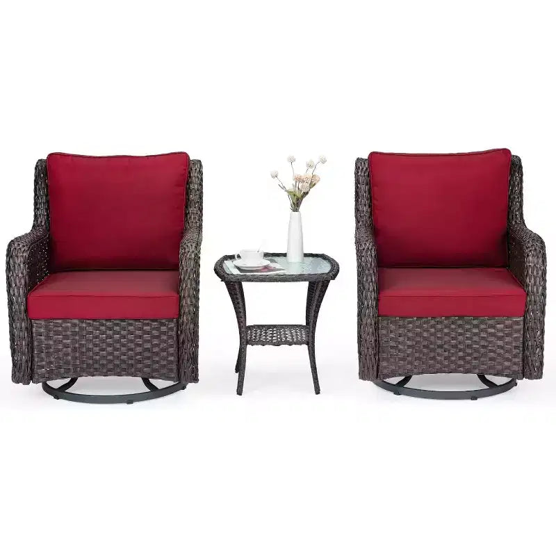 Ensemble de 3 fauteuils à bascule d'extérieur en rotin, fauteuil pivotant en rotin à 360 degrés pour terrasse, coussins épais et table d'appoint