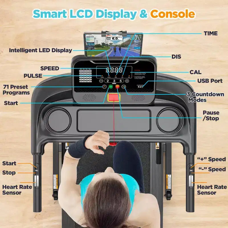 3.75HP Treadmill 300lb Capacity, Incline Folding Treadmill, 64+7 Smart Program, 7.5MPH, APP Control,Treadmill for Home Jogging Walking w/ HiFi Speaker