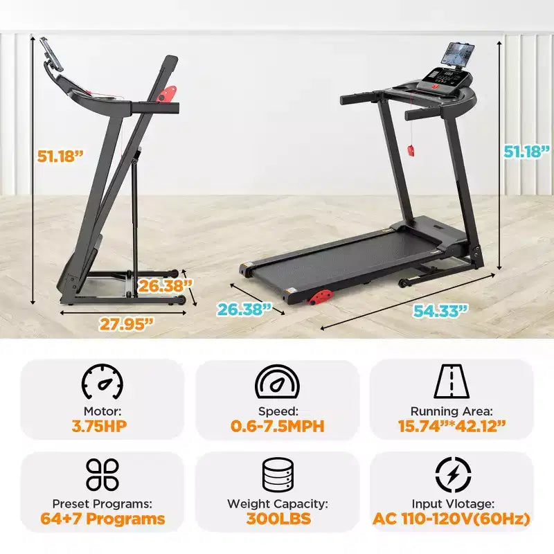 3.75HP Treadmill 300lb Capacity, Incline Folding Treadmill, 64+7 Smart Program, 7.5MPH, APP Control,Treadmill for Home Jogging Walking w/ HiFi Speaker