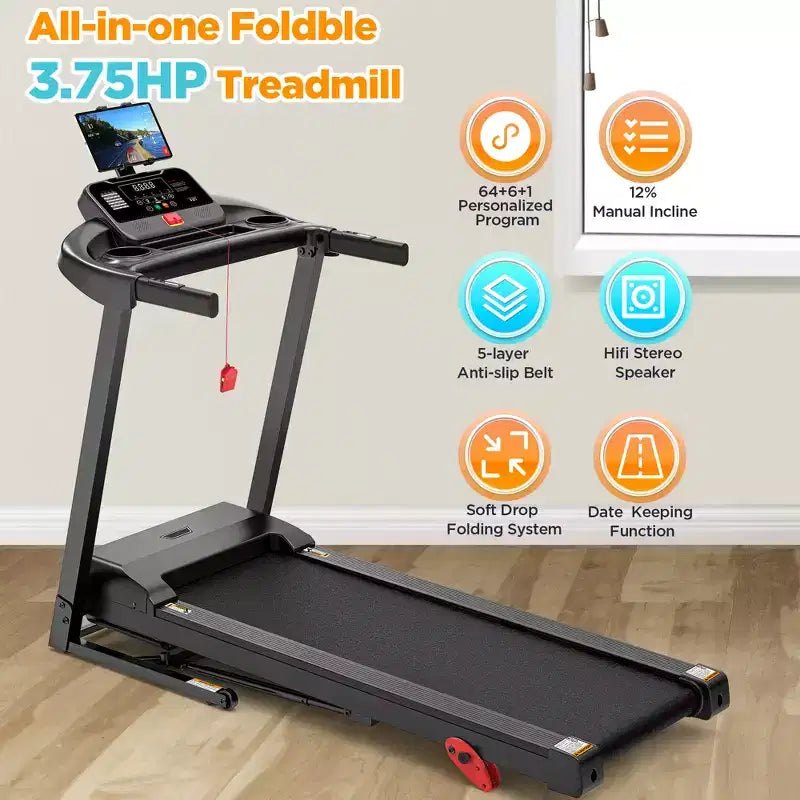 3.75HP Treadmill 300lb Capacity, Incline Folding Treadmill, 64+7 Smart Program, 7.5MPH, APP Control,Treadmill for Home Jogging Walking w/ HiFi Speaker