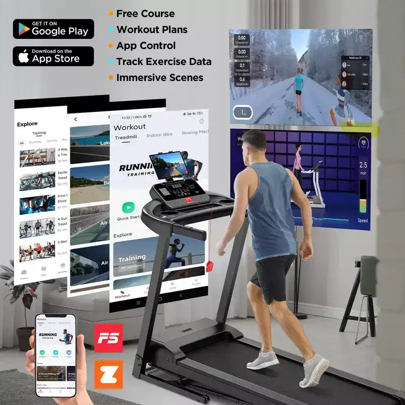 3.75HP Treadmill 300lb Capacity, Incline Folding Treadmill, 64+7 Smart Program, 7.5MPH, APP Control,Treadmill for Home Jogging Walking w/ HiFi Speaker