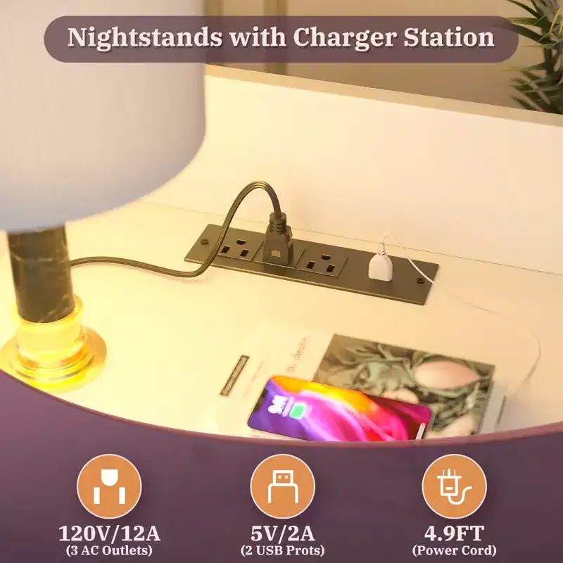 Besiost 47 Étagère réglable avec huche, Table de chevet avec station de recharge, Lumières LED