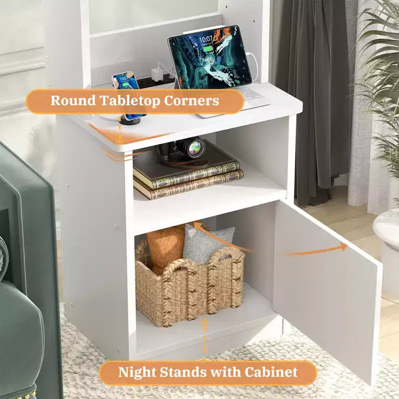 Besiost 47 Étagère réglable avec huche, Table de chevet avec station de recharge, Lumières LED