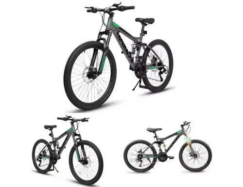 VTT 24 pouces, vélo 21 vitesses tout suspendu avec fourche avant et amortisseur, cadre en acier, vélo de ville ergonomique pour hommes et femmes