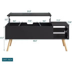 Table basse relevable gris clair avec pieds en bois massif, compartiment caché et étagères de rangement réglables