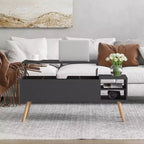 Table basse relevable gris clair avec pieds en bois massif, compartiment caché et étagères de rangement réglables