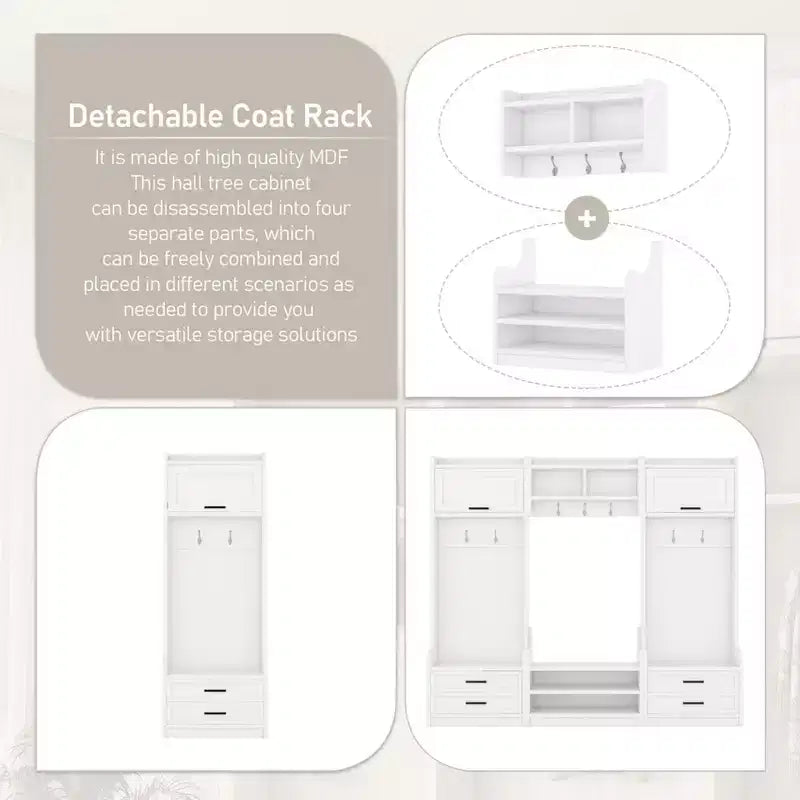 Meuble d'entrée avec banc et rangement à chaussures, porte-manteau à 7 crochets, tiroirs, armoire, meuble d'entrée multifonction détachable