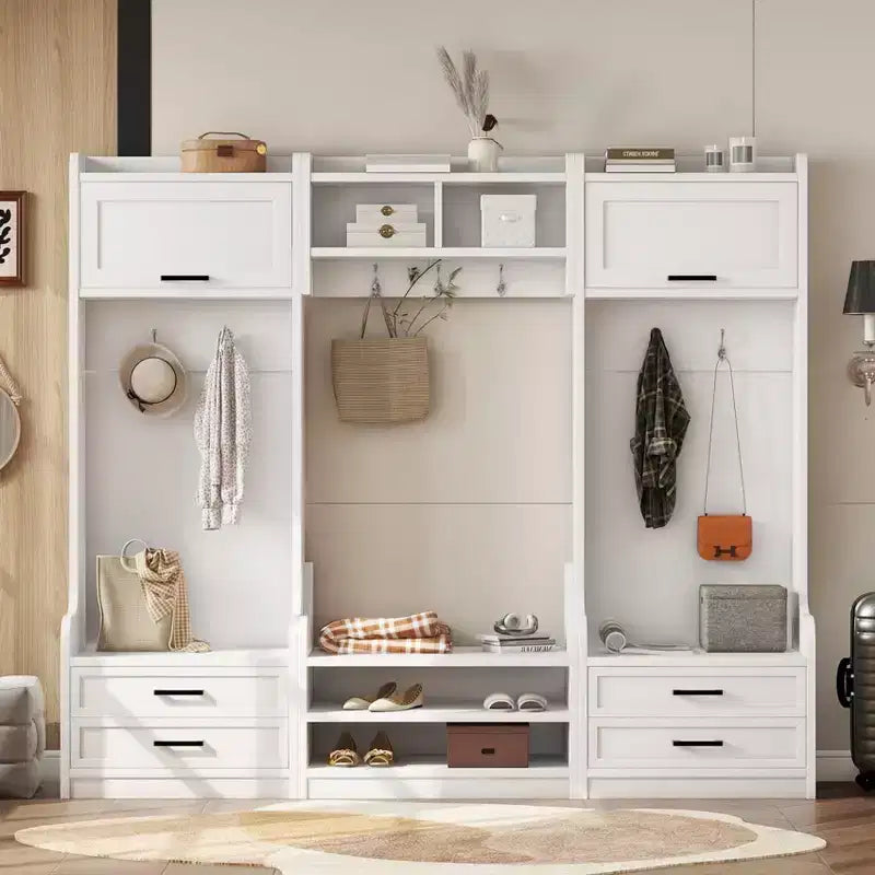 Meuble d'entrée avec banc et rangement à chaussures, porte-manteau à 7 crochets, tiroirs, armoire, meuble d'entrée multifonction détachable