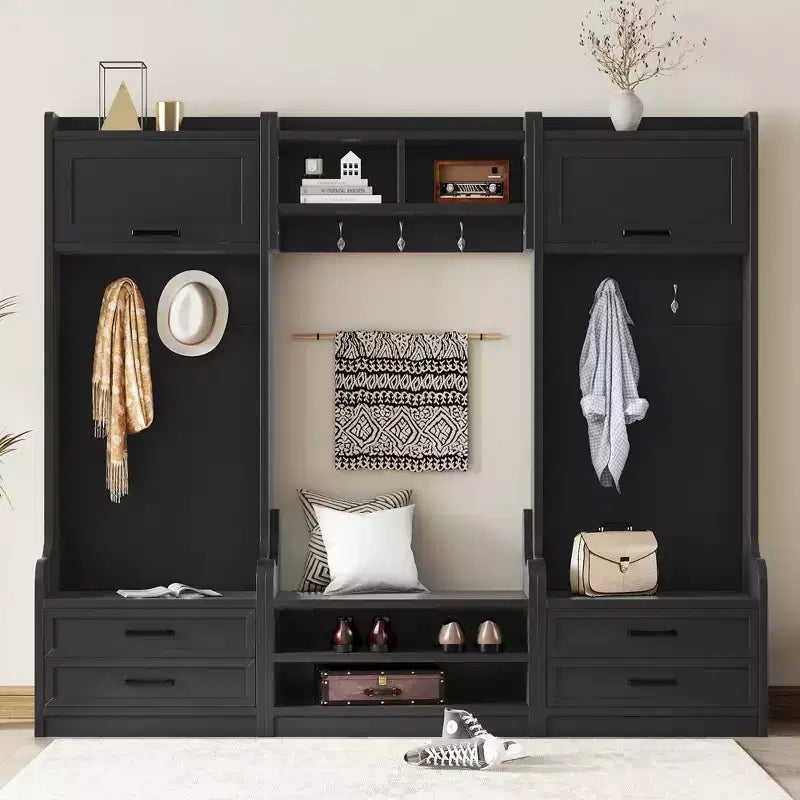 Entryway Hall Tree with Bench and Shoe Storage, 7 Hooks Coat Rack, Drawers, Cabinet, Detachable Multiple Functions Halltree
