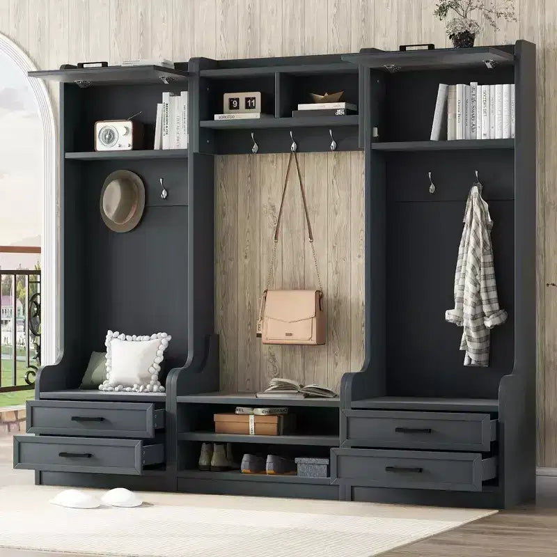 Meuble d'entrée avec banc et rangement à chaussures, porte-manteau à 7 crochets, tiroirs, armoire, meuble d'entrée multifonction détachable