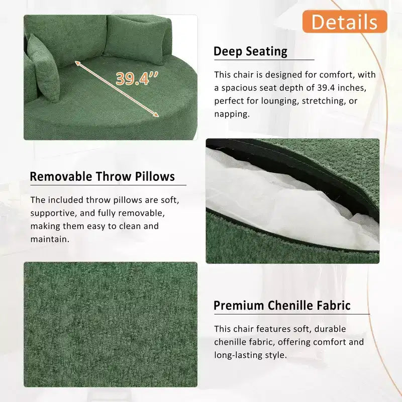 Fauteuil rond pivotant à 360°, avec 3 oreillers, fauteuil de salon, club, chaise longue