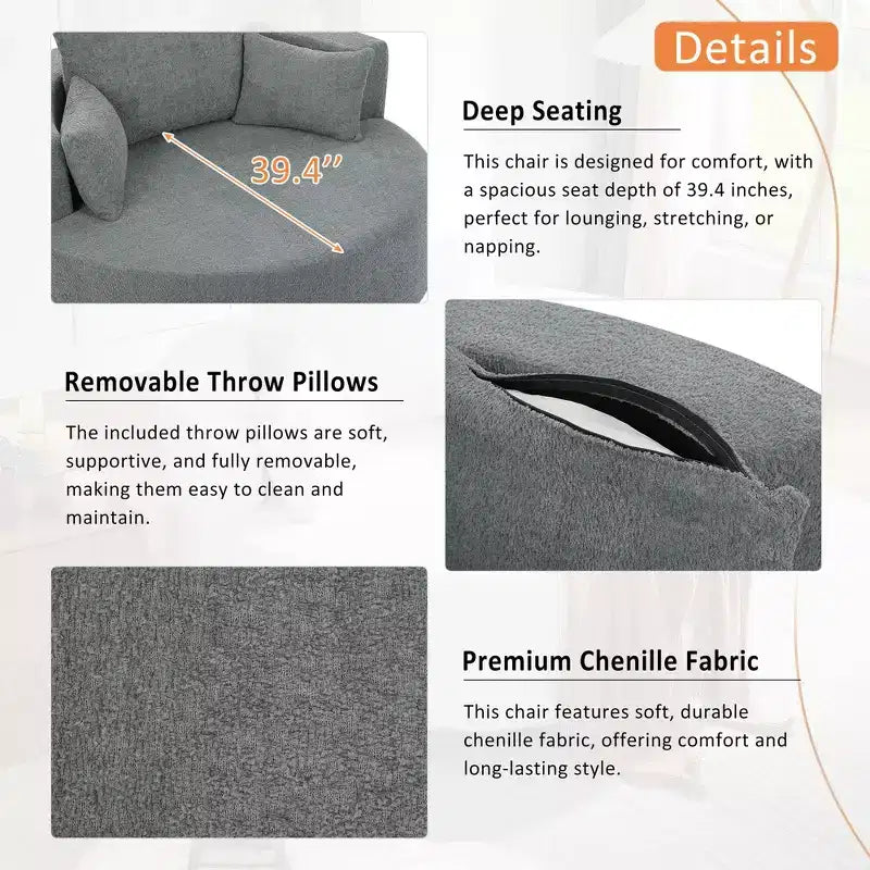 Fauteuil rond pivotant à 360°, avec 3 oreillers, fauteuil de salon, club, chaise longue