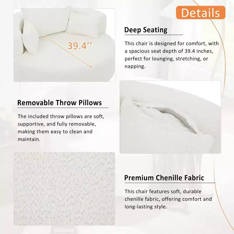 Fauteuil rond pivotant à 360°, avec 3 oreillers, fauteuil de salon, club, chaise longue