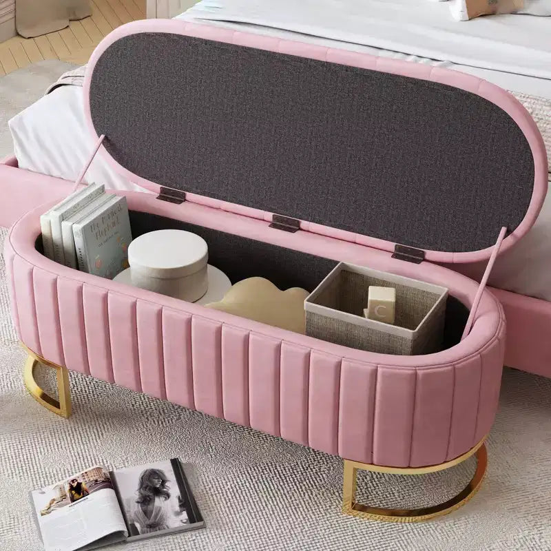 TUYOHW 47 Chic Banc de Rangement Ottoman en Velours Exquis avec Pieds en Métal Doré, Banc d'Appoint pour Salon, Capacité de 180 kg