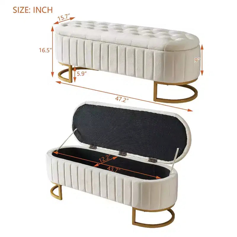 TUYOHW 47 Chic Banc de Rangement Ottoman en Velours Exquis avec Pieds en Métal Doré, Banc d'Appoint pour Salon, Capacité de 180 kg