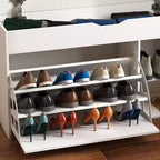 Banc d'entrée TUYOHW à 3 niveaux avec tiroir rabattable et 1 porte, triple espace de rangement, organiseur de chaussures compact pour entrée et couloir, capacité de 181 kg