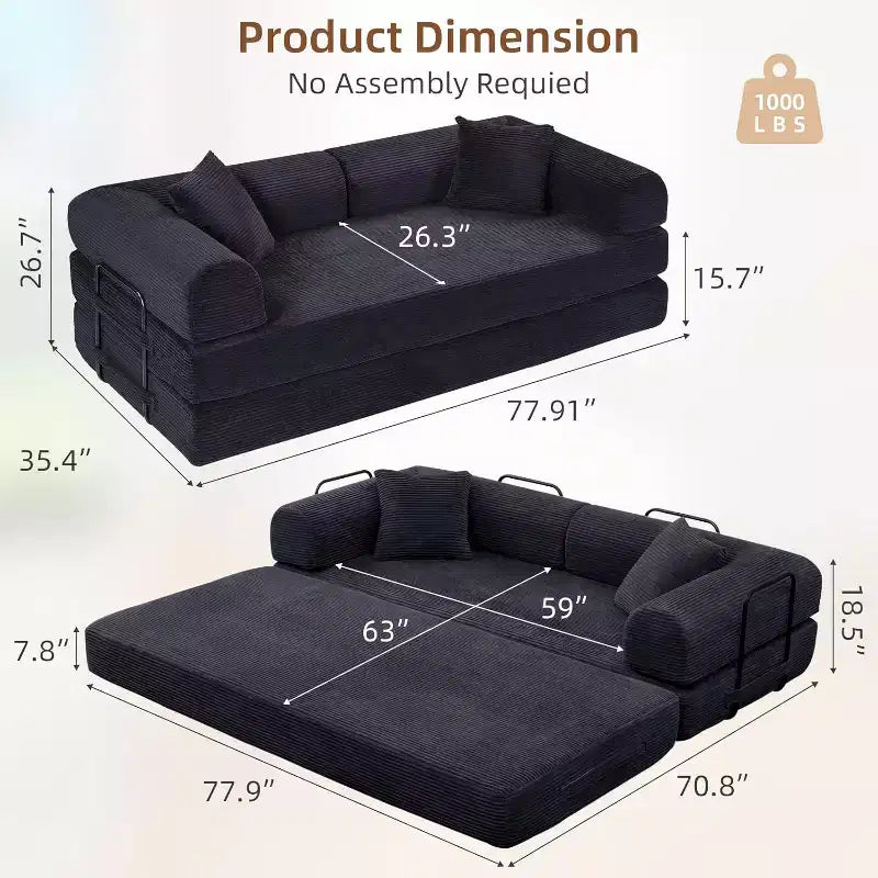 Canapé-lit convertible 4-en-1 MooxvMoo, futon pliable en velours côtelé avec cadre fixe et oreiller, pour salon, chambre, appartement