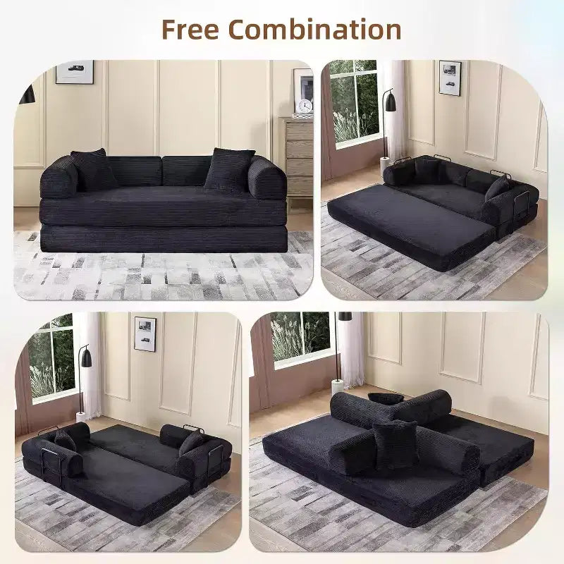 Canapé-lit convertible 4-en-1 MooxvMoo, futon pliable en velours côtelé avec cadre fixe et oreiller, pour salon, chambre, appartement