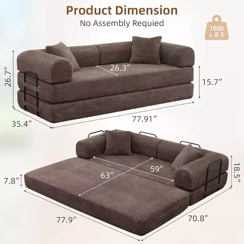 Canapé-lit convertible 4-en-1 MooxvMoo, futon pliable en velours côtelé avec cadre fixe et oreiller, pour salon, chambre, appartement